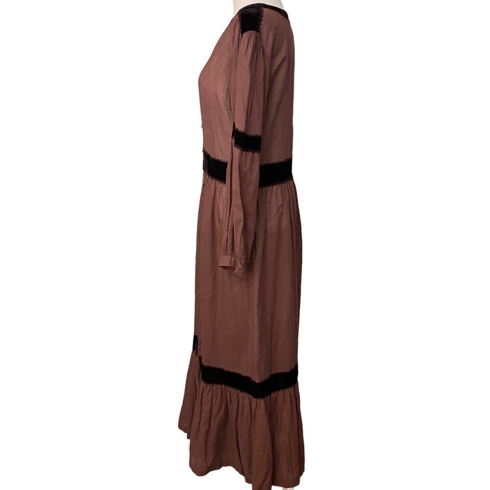 Chasing Unicorns Mauve Brown Cotton Voile Embroider 1970s Maxi Dress Large - Picture 6 of 10